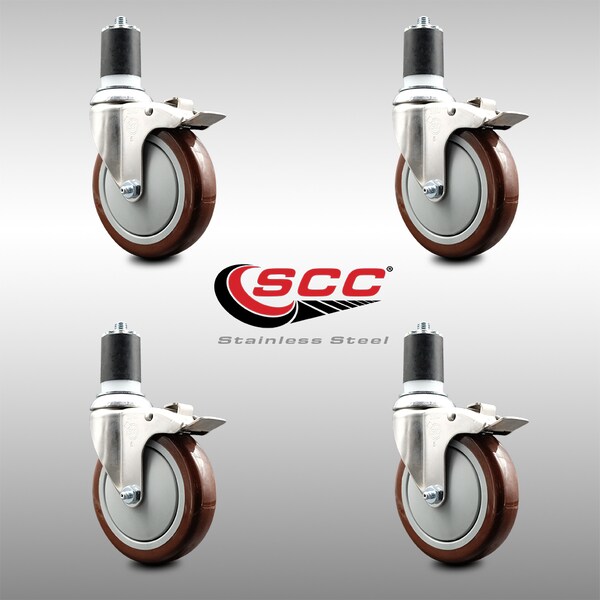 Service Caster 5 Inch 316SS Maroon Poly Swivel 1-7/8 Inch Expanding Stem Caster Set Lock Brake SCC-SS316TTLEX20S514-PPUB-MRN-178-4 - main